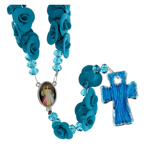 Medjugorje rosary with light blue roses, Murano glass 2
