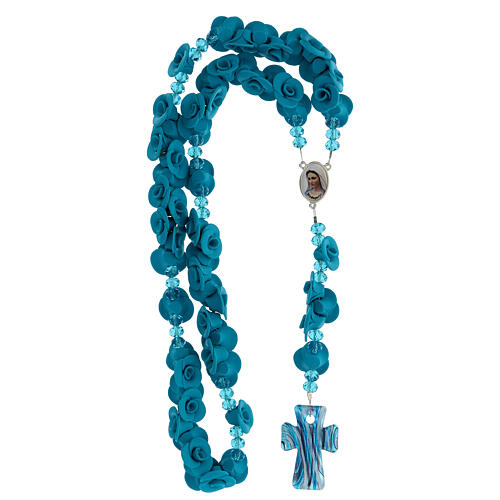 Medjugorje rosary with light blue roses, Murano glass 4