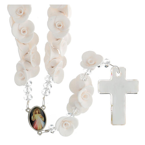 Medjugorje rosary with white roses, Murano glass 2