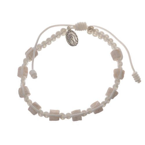 Single decade Medjugorje bracelet with white cord and stone grains 1