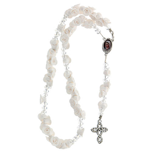 Medjugorje Rosary with white roses, cross and rhinestones 4