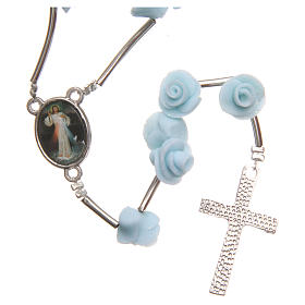 Medjugorje rosary beads with pale blue roses with cross in rhinestones