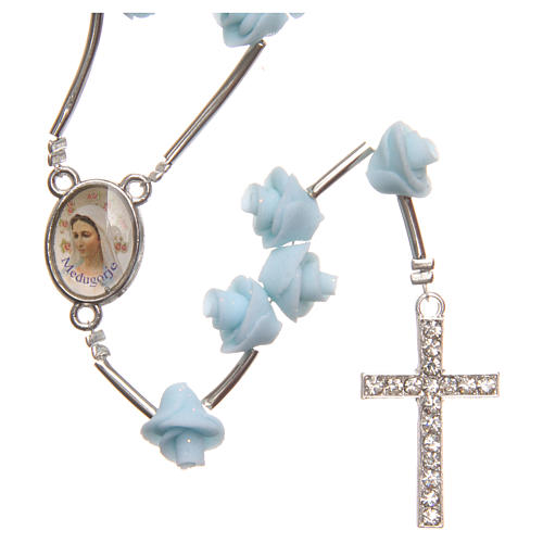 Medjugorje rosary beads with pale blue roses with cross in rhinestones 1