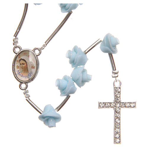 Rosario Medjugorje rose azzurre croce strass 1