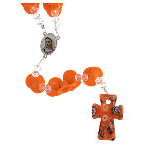 Medjugorje rosary beads with orange roses with cross in Murano glass 1