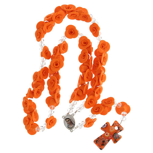 Medjugorje rosary beads with orange roses with cross in Murano glass 4