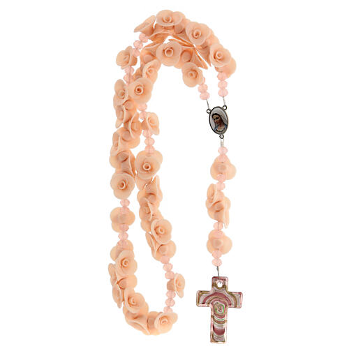 Medjugorje rosary beads with peach roses with cross in Murano glass 4