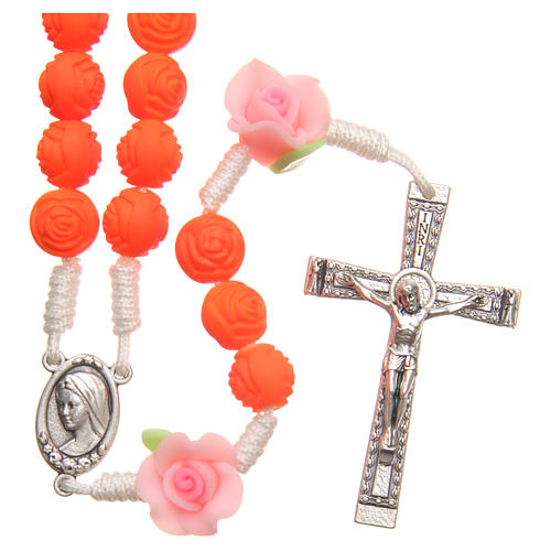 Medjugorje rosary beads with neon orange roses 1