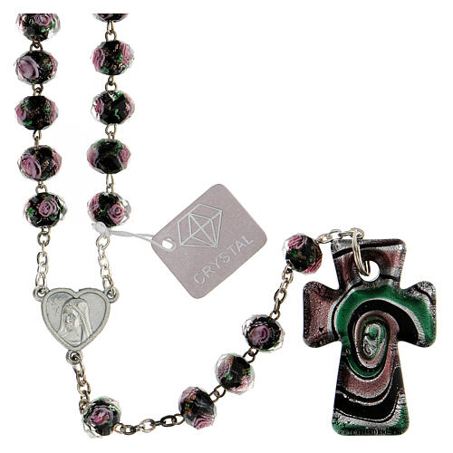 Medjugorje rosary with cross in purple, black and grey Murano glass 1