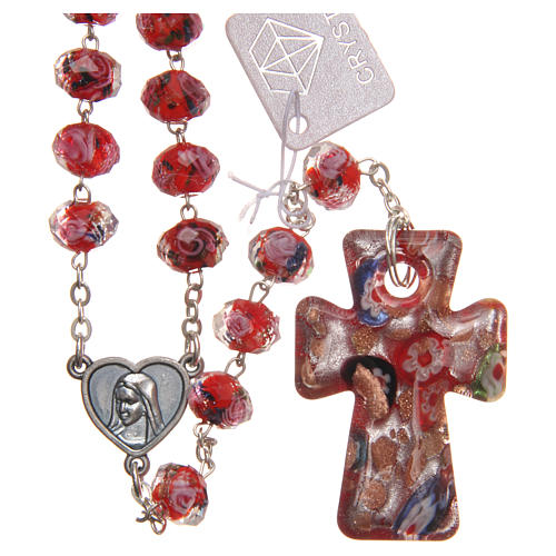 Rosenkranz aus Medjugorje, Kreuz aus Muranoglas in verschiedenen Rottönen 1