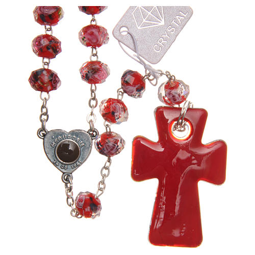 Rosenkranz aus Medjugorje, Kreuz aus Muranoglas in verschiedenen Rottönen 2