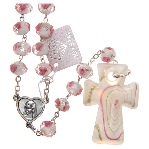 Medjugorje rosary with cross in white and pink Murano glass 1