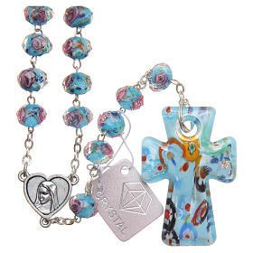 Rosenkranz aus Medjugorje, Kreuz aus Muranoglas in hellen Blautönen
