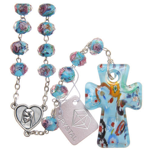Rosenkranz aus Medjugorje, Kreuz aus Muranoglas in hellen Blautönen 1