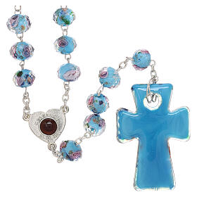 Rosario Medjugorje cruz vidrio Murano azul y rosas