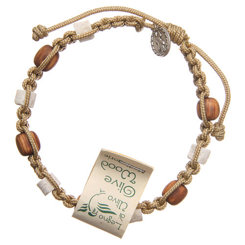 Bracelet in olive wood with grains in white Medjugorje stone and beige cord 2