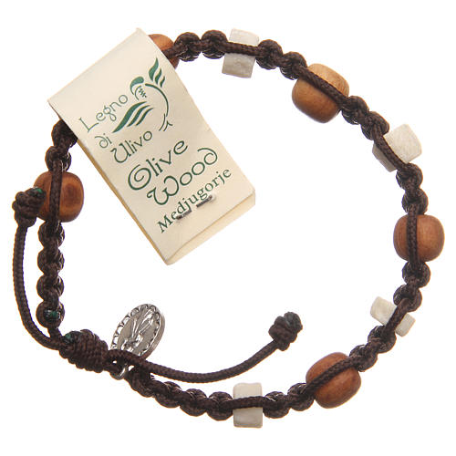 Bracelet in olive wood with grains in white Medjugorje stone and brown cord 2