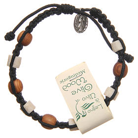 Bracelet in olive wood with grains in white Medjugorje stone and black cord