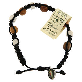 Bracelet in olive wood with grains in white Medjugorje stone and black cord