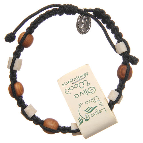 Bracelet in olive wood with grains in white Medjugorje stone and black cord 2
