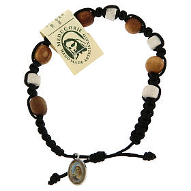 Bracelet in olive wood with grains in white Medjugorje stone and black cord