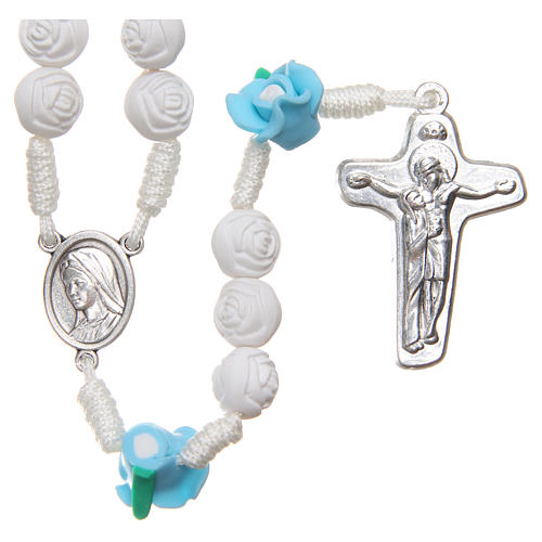 Rosary Medjugorje roses with cross, white & light blue 1