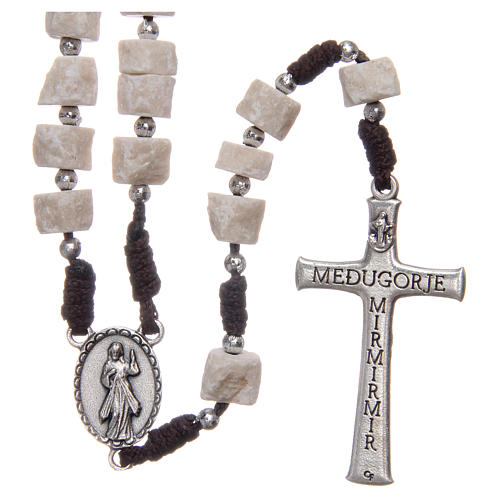 Rosary in white Medjugorje stone with brown cord 2
