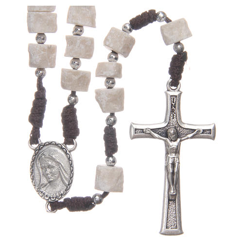 Rosary in white Medjugorje stone with brown cord 1