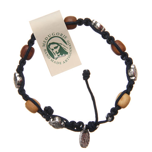 Pulsera madera olivo cruz San Benito cuerda azul oscuro 1