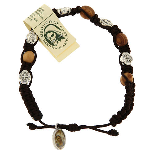 Pulsera madera olivo cruz San Benito cuerda marrón 1