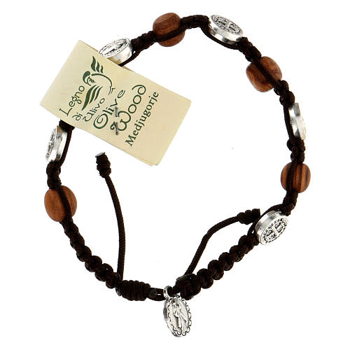 Olive wood bracelet Saint Benedict cross, brown rope 2