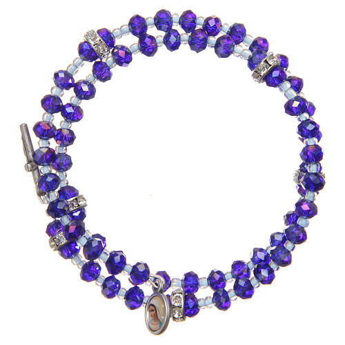 Bransoletka sprężynka perełki fioletowe niebieskie krzyż Madonna z Medziugorie 1