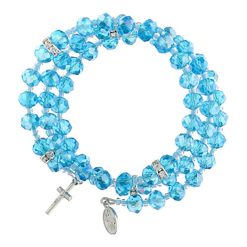 Spring bracelet light blue beads and cross, Our Lady of Medjugorje medal 1