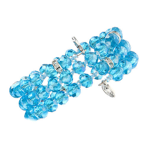 Spring bracelet light blue beads and cross, Our Lady of Medjugorje medal 3