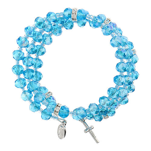 Spring bracelet light blue beads and cross, Our Lady of Medjugorje medal 2