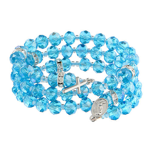 Spring bracelet light blue beads and cross, Our Lady of Medjugorje medal 4