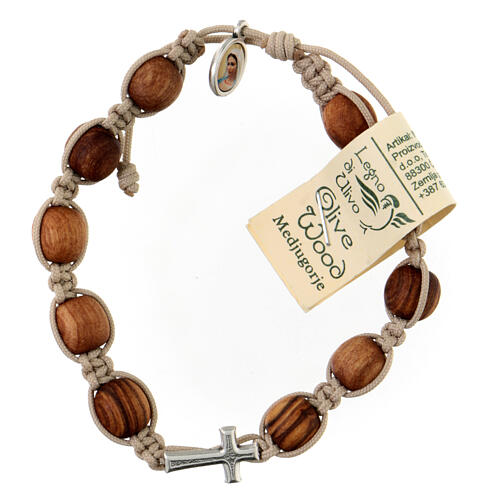 Bracelet with grains in olive wood and beige cord, Medjugorje 1