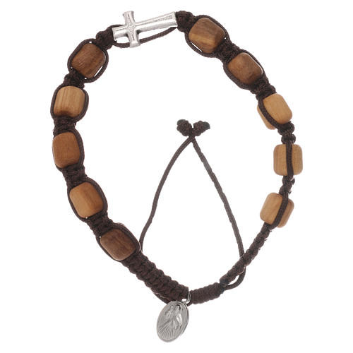Bracelet with grains in olive wood and black cord, Medjugorje 1
