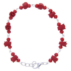 Medjugorje Rosary bracelet with red ceramic roses and grains in crystal