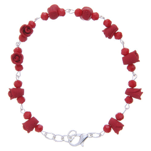 Bracelet Medjugorje rouge roses céramique grains cristal 1