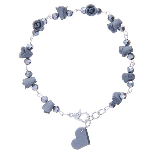 Medjugorje Rosary bracelet with grey ceramic roses and grains in crystal 1