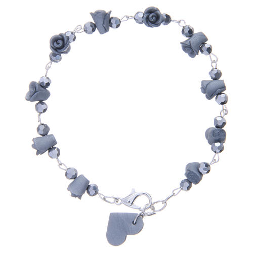 Medjugorje Rosary bracelet with grey ceramic roses and grains in crystal 2