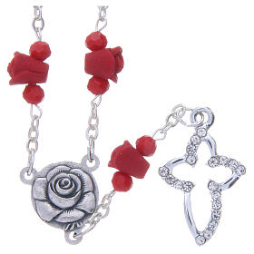 Medjugorje Rosary necklace, red with ceramic roses and grains in crystal