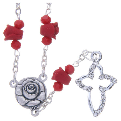 Medjugorje Rosary necklace, red with ceramic roses and grains in crystal 1