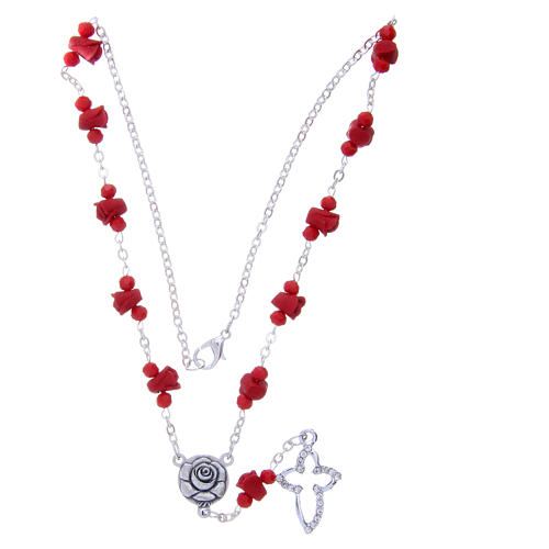 Medjugorje Rosary necklace, red with ceramic roses and grains in crystal 3