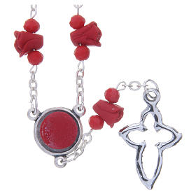 Collar rosario Medjugorje rojo rosas cerámica cuentas cristal