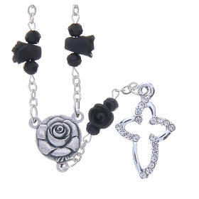 Medjugorje Rosary necklace, black with ceramic roses and grains in crystal