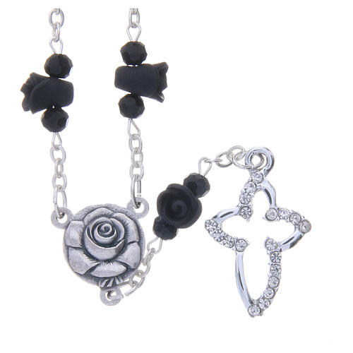 Medjugorje Rosary necklace, black with ceramic roses and grains in crystal 1
