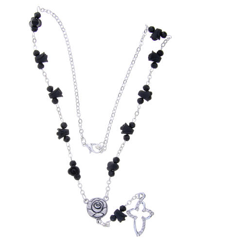 Medjugorje Rosary necklace, black with ceramic roses and grains in crystal 3