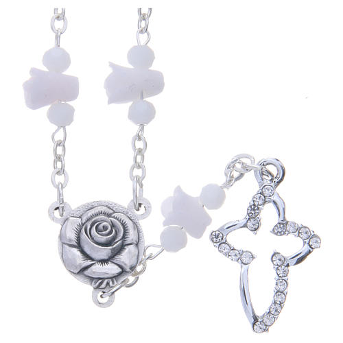 Medjugorje Rosary necklace, white with ceramic roses and grains in crystal 1